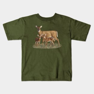 Whitetail Deer Doe and Cute Twin Fawns Kids T-Shirt